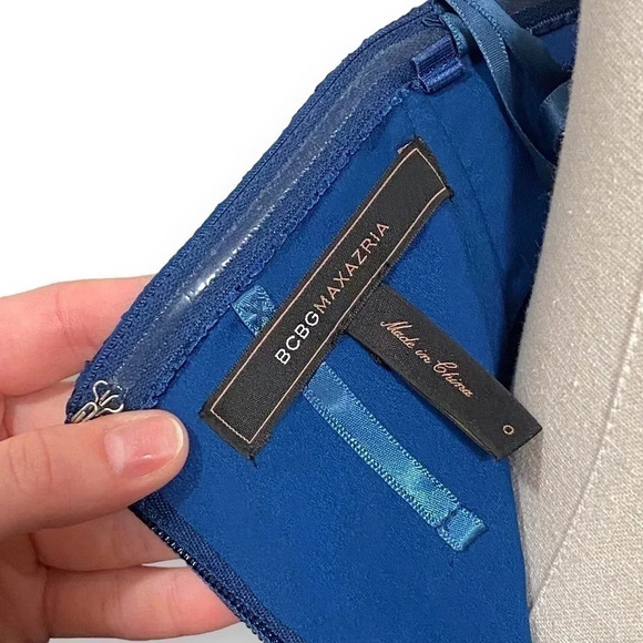 BCBGMaxAzria Timona Silk Navy Blue Shadow Stripe Strapless Gown Dress Size 0 - Picture 13 of 16